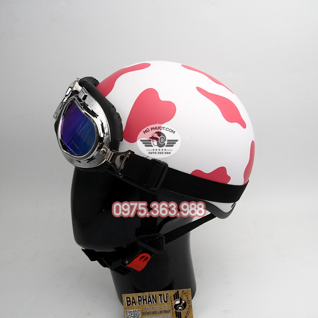Mũ bảo hiểm nửa đầu kính phi công tem bò sữa cute nón bảo hiểm 1/2 kèm kính uv đi phượt Trắng hồng