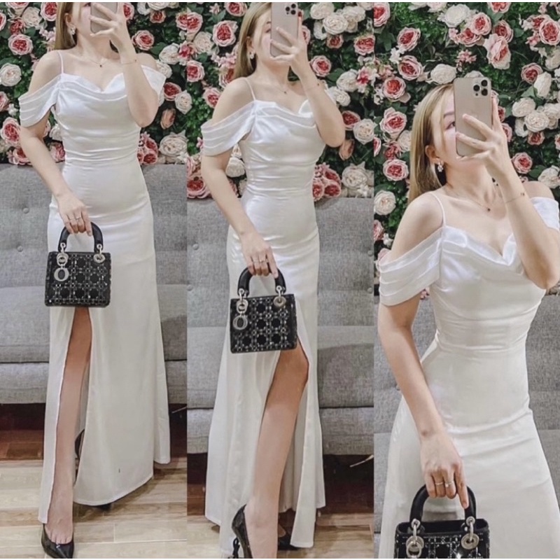 đầm dự tiệc dạ hội lụa trễ vai tiểu thư maxi dự tiệc cưới sang chảnh