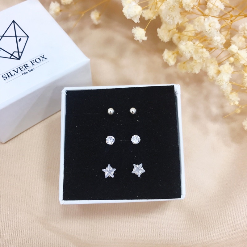 Combo Bộ 3 Đôi Bông Tai Nữ Bạc Ta CaoBac Silver Sao, Bi, Đá Phong Cách Unisex Cá Tính Đơn Giản