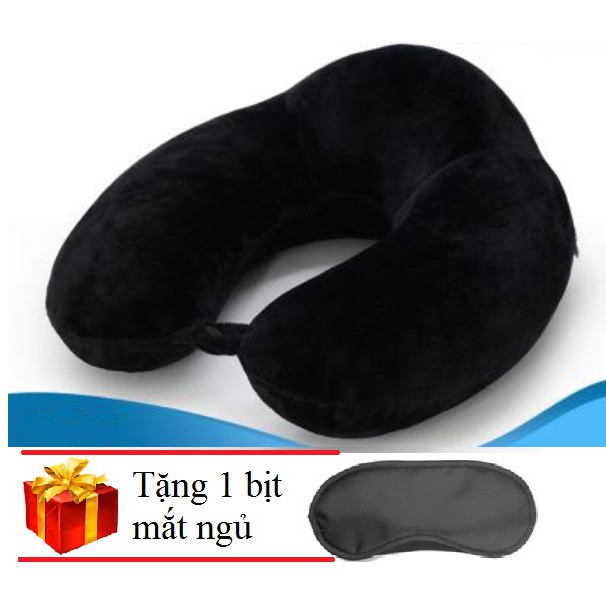 Gối chữ U choàng cổ đi du lịch đi máy bay cao su non + Tặng bịt mắt ngủ (màu đen)