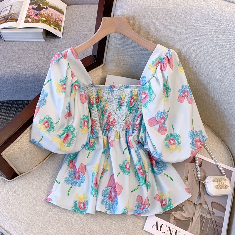 Áo Kiểu Tay Ngắn Cổ Vuông In Hoa Thời Trang Mùa Hè Xinh Xắn Cho Nữ