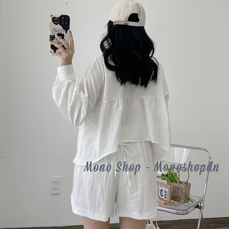 Set áo sơ mi đũi cột dây sau phom rộng kèm quần short lưng chun Ảnh thật/ sẵn