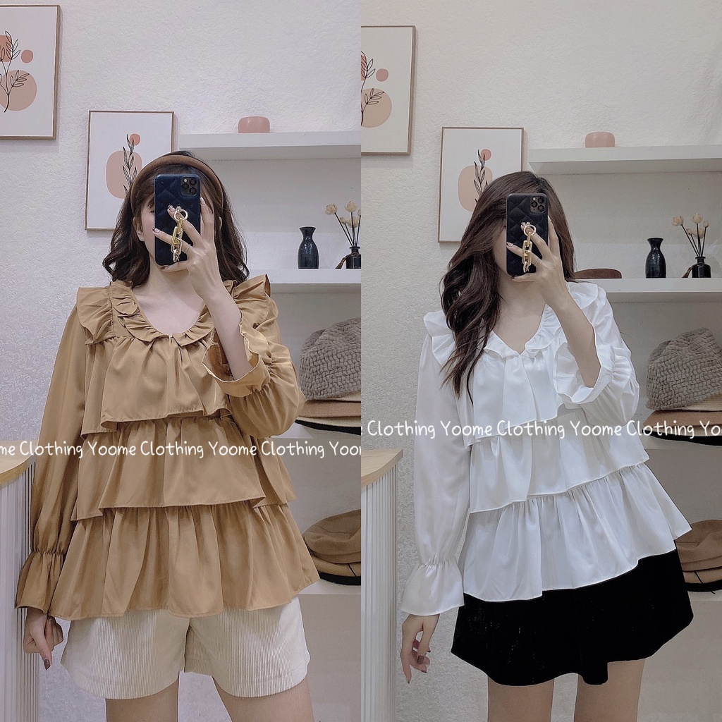 Áo sơ mi babydoll viền bèo tiểu thư chất bol lụa mềm mát cho nữ YoomeClothing ( ảnh thật tại shop )