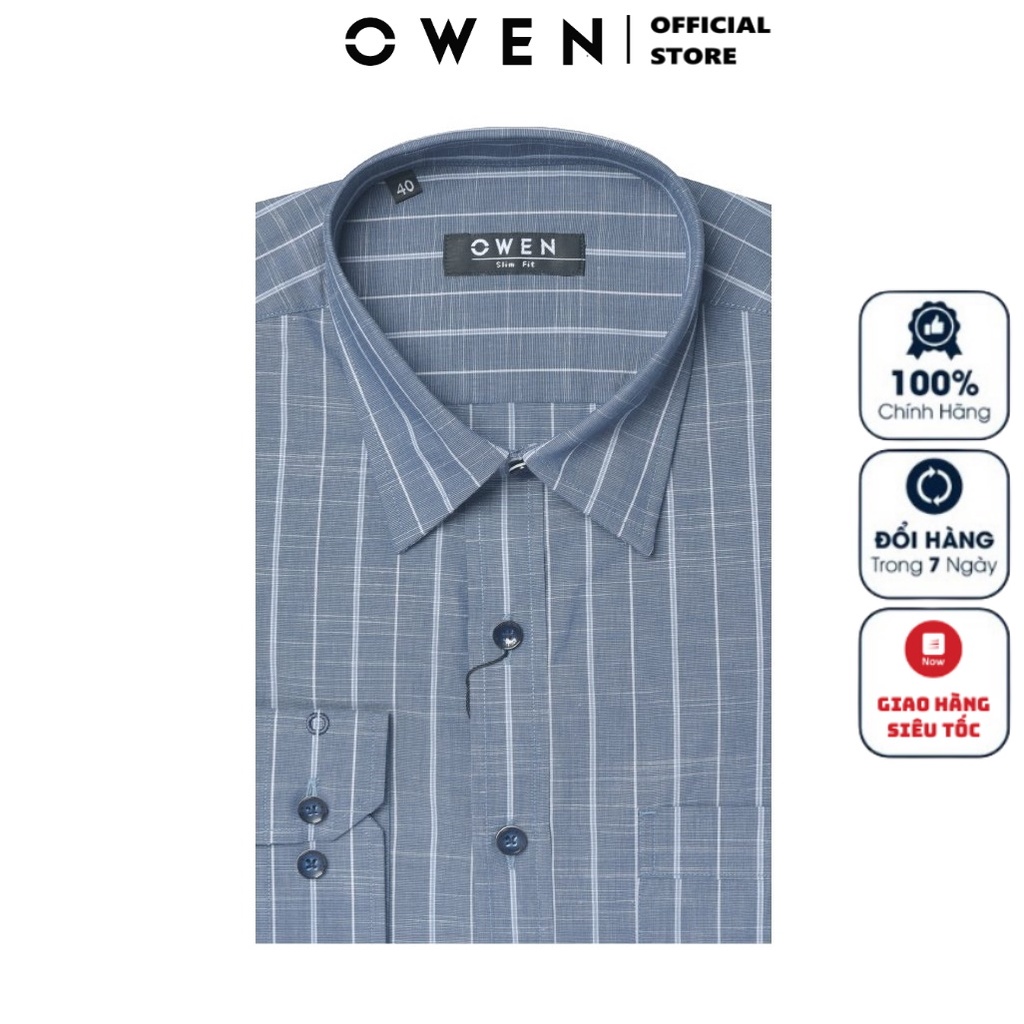 Áo Sơ Mi Nam Dài Tay OWEN AS220123DT Somi Công Sở Vải Sợi Tre Cao Cấp Màu Navy Kẻ Sọc Trắng Dáng Ôm Tà Lượn Có Túi