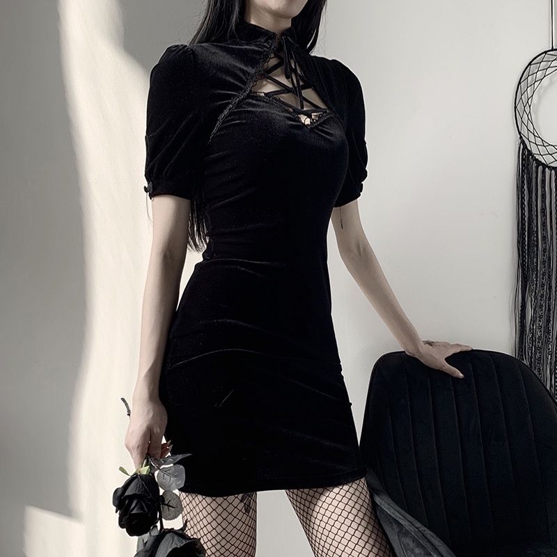 Đầm IELGY tay ngắn bằng vải da lộn thiết kế bó eo phong cách retro thời trang cho nữ