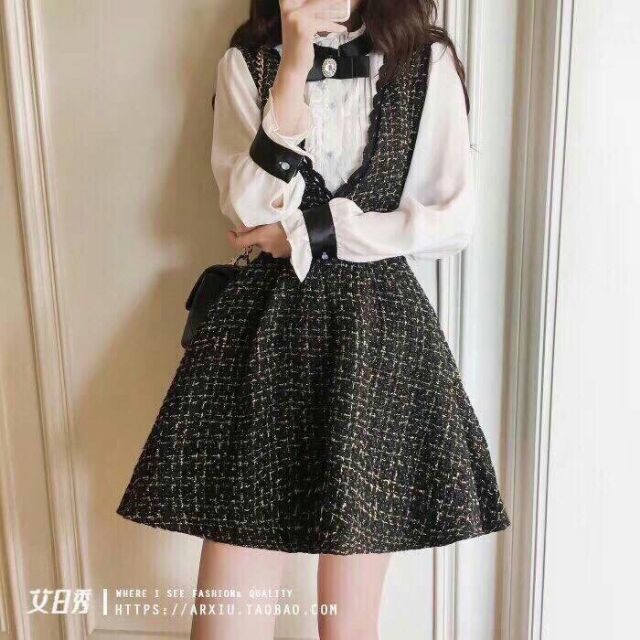 (KÈM ẢNH THẬT)Set yếm vải bố kim tuyến + áo sơ mi voan bèo xếp ly