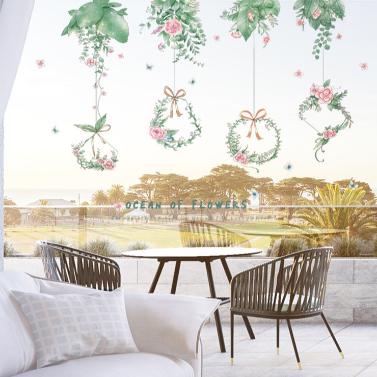 Tranh decal dán tường GIỎ HOA MỚI cực đáng yêu- Decal dán tường trang trí phòng khách