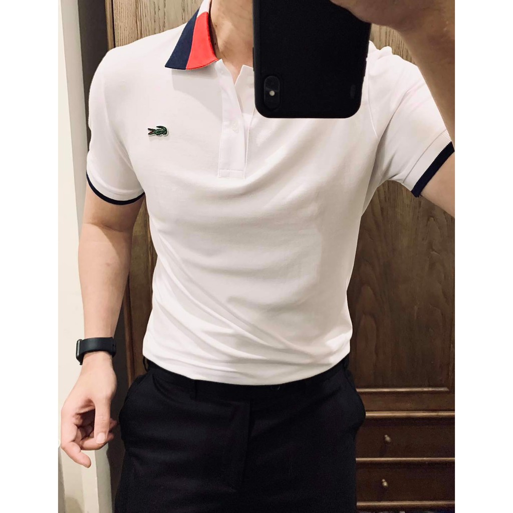 Áo polo nam trơn phối cổ kẻ đỏ cá xanh
