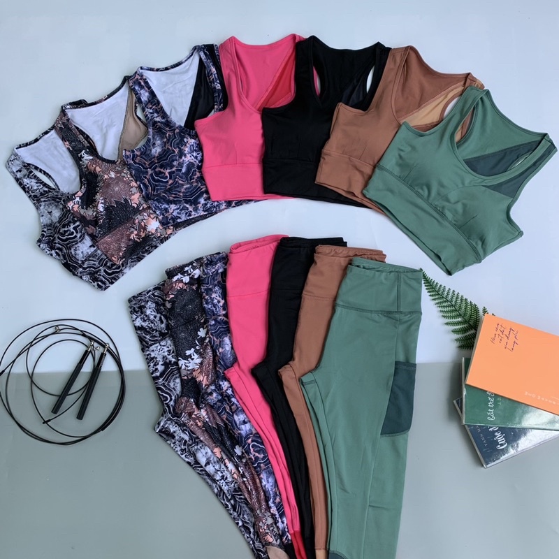 Bộ quần áo thể thao nữ, Set Croptop + quần dài túi lưới tập gym yoga