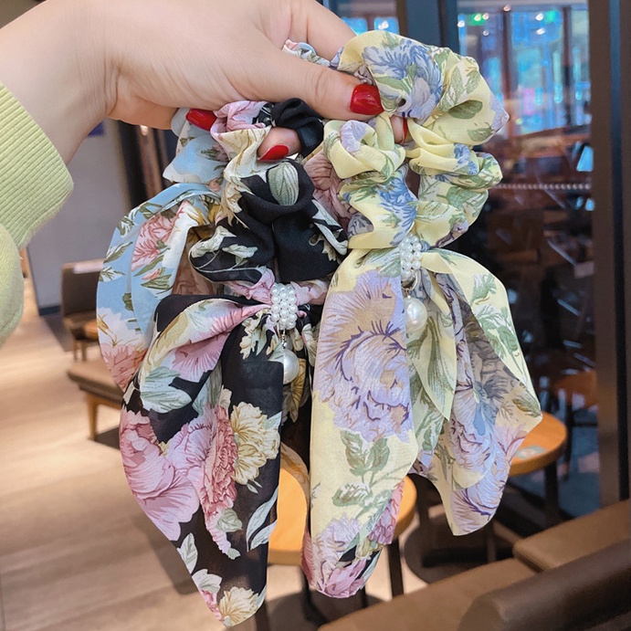 Dây Buộc Tóc Cao Su Bọc Vải Chiffon Họa Tiết Hoa Tươi Mới Phong Cách Hàn Quốc