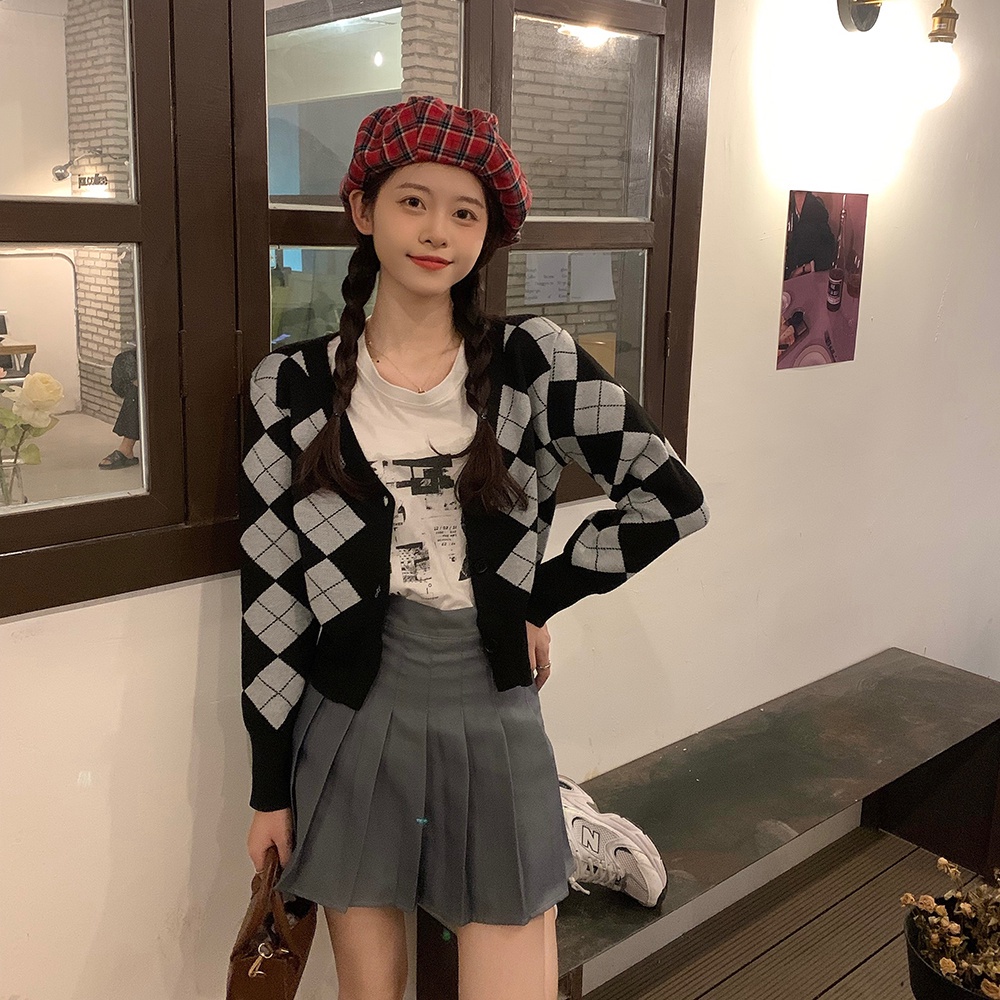 SUXI Áo Khoác Cardigan Dệt Kim Tay Dài Cổ Chữ V Kẻ Sọc Ca Rô Dáng Ôm Thời Trang Mùa Thu Cho Nữ