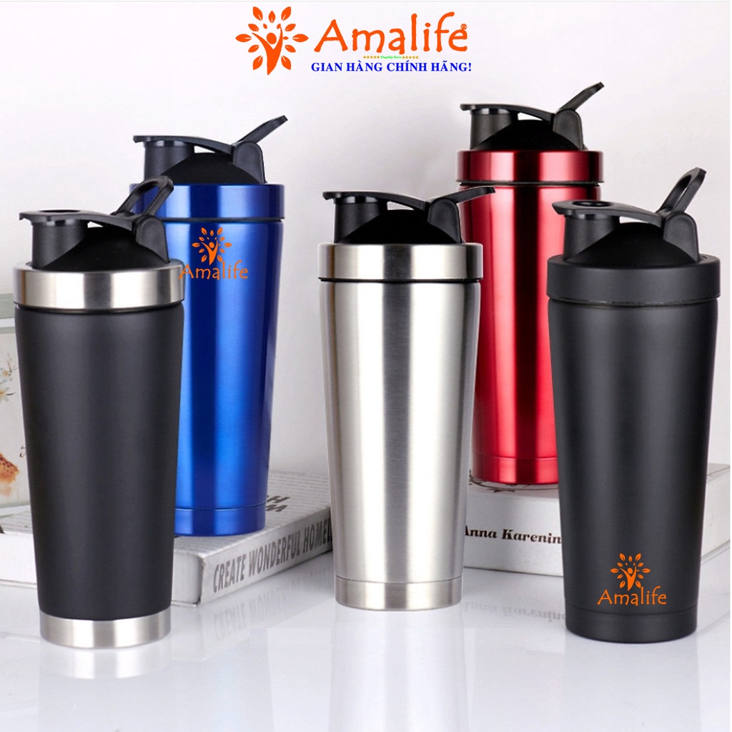 [Màu ĐEN Bạc] Bình Lắc Shaker Đựng Nước Inox 800ml – Màu Đen Bạc - Tập Gym Thể Thao Chính Hãng Amalife – Kèm Bóng Lò Xo