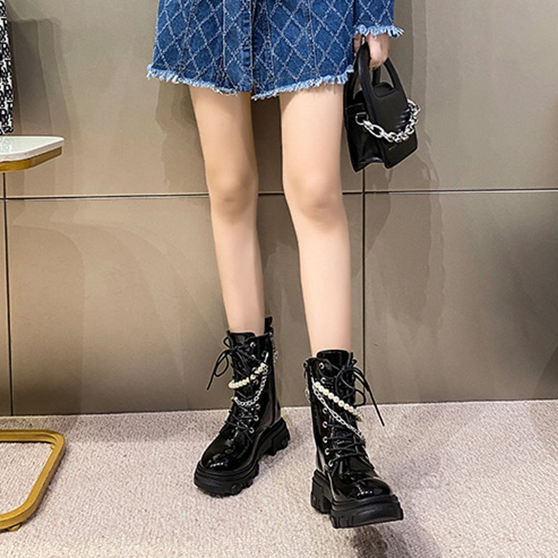 Đôi bốt Martin IELGY đế dày buộc dây dạng chuỗi ngọc trai thời trang cho nữ