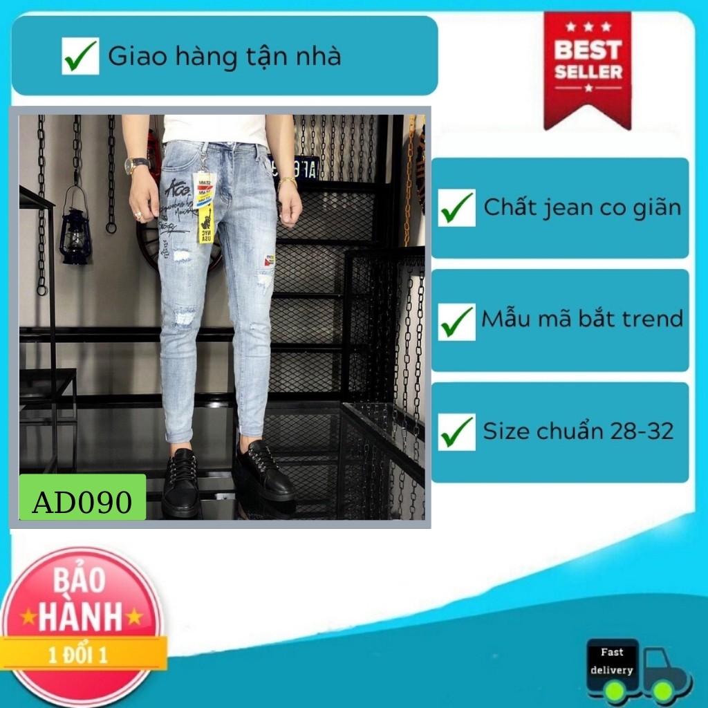 Quần Jean Nam Chất Bò AD090TG Xanh Wash Phối ChữCao Cấp Trẻ Trung Cá Tính | BigBuy360 - bigbuy360.vn