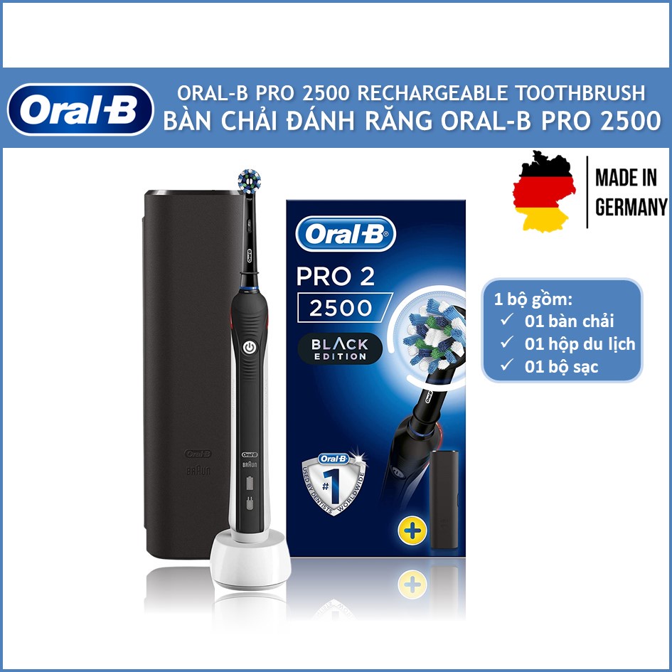 [Mới về] Bàn Chải Đánh Răng Điện Oral-B Pro 2500 - Hẹn Giờ Pro-Timer 4x30s, Có Hộp Đựng Du Lịch, Cảm Biến Lực Chải, 3D