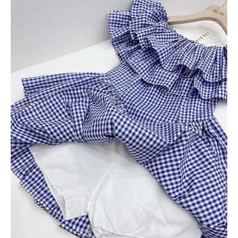 Đầm - Váy trễ vai kẻ xanh xếp bèo 2 tầng Ulzzang
