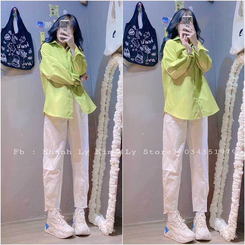 (Hình shop chụp) Sơmi xanh cốm hot trend , quần kaki jean trắng form baggy lưng cao | BigBuy360 - bigbuy360.vn