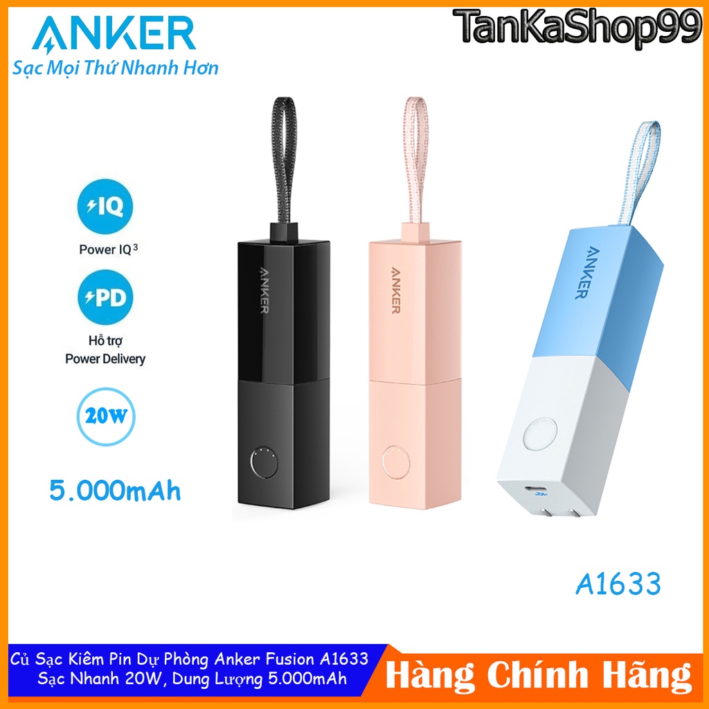 Củ Sạc Kiêm Pin Dự Phòng Thỏi Son Anker A1633 5.000mAh, 1 Cổng Type C Sạc Nhanh 20W Cho Iphone, Androi