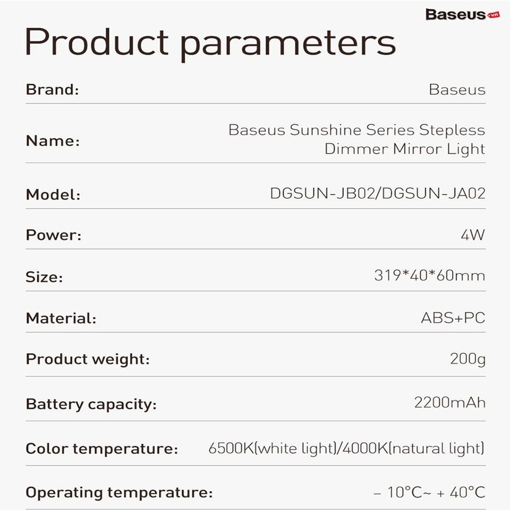 Đèn cảm ứng, pin sạc chuyên dùng cho gương trang điểm Baseus Sunshine Series - Stepless Dimmer Mirror Light 2200mAh 🍀