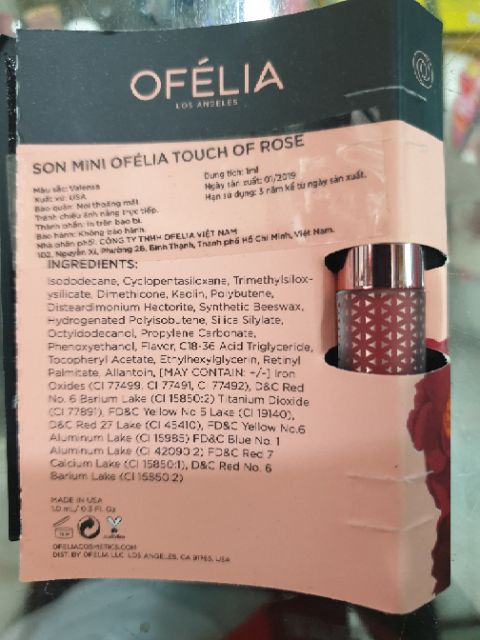 [ Chính Hãng- Hsd 2022] Son mini OFÉLIA Touch Of Rose - màu Valensa (1ml)