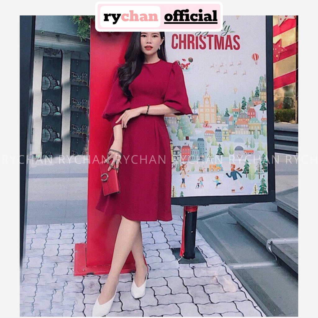 DX632 - Đầm Xòe Đỏ Tay Phồng Cổ Tròn
