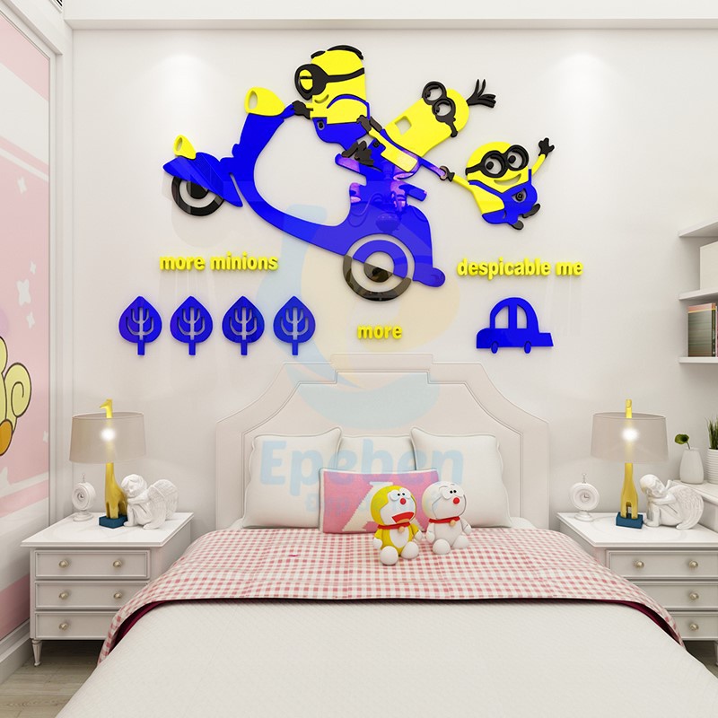 Tranh dán tường mica 3d decor khổ lớn kẻ cắp mặt trăng minions trang trí mầm non, phòng cho bé Nhiều Size - EPeBen