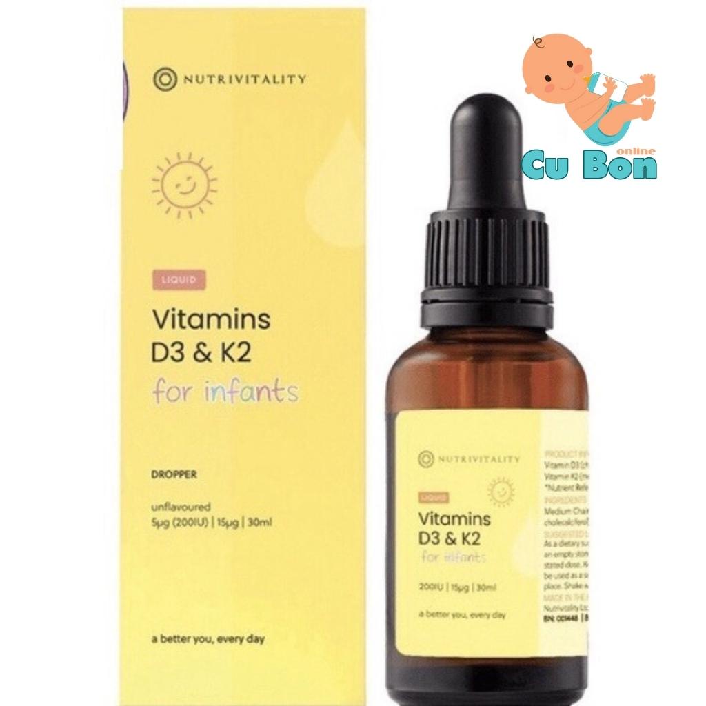 Vitamin D3 cho bé từ sơ sinh D3 &amp; K2 MK7 Nutrivitality 30ml của Anh Quốc hỗ trợ hấp thụ canxi phát triển chiều cao