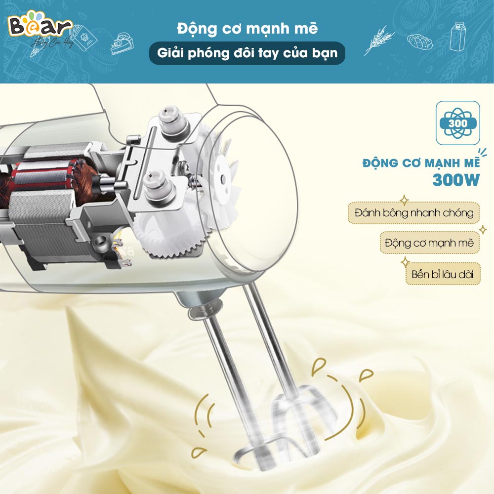 Máy Đánh Trứng Cầm Tay Mini Bear HM-B01V1 (DDQ-B02L1), Đánh Kem, Trộn Bột Để Bàn, Công Suất 300W, 10 Tốc Độ -BH 18 Tháng