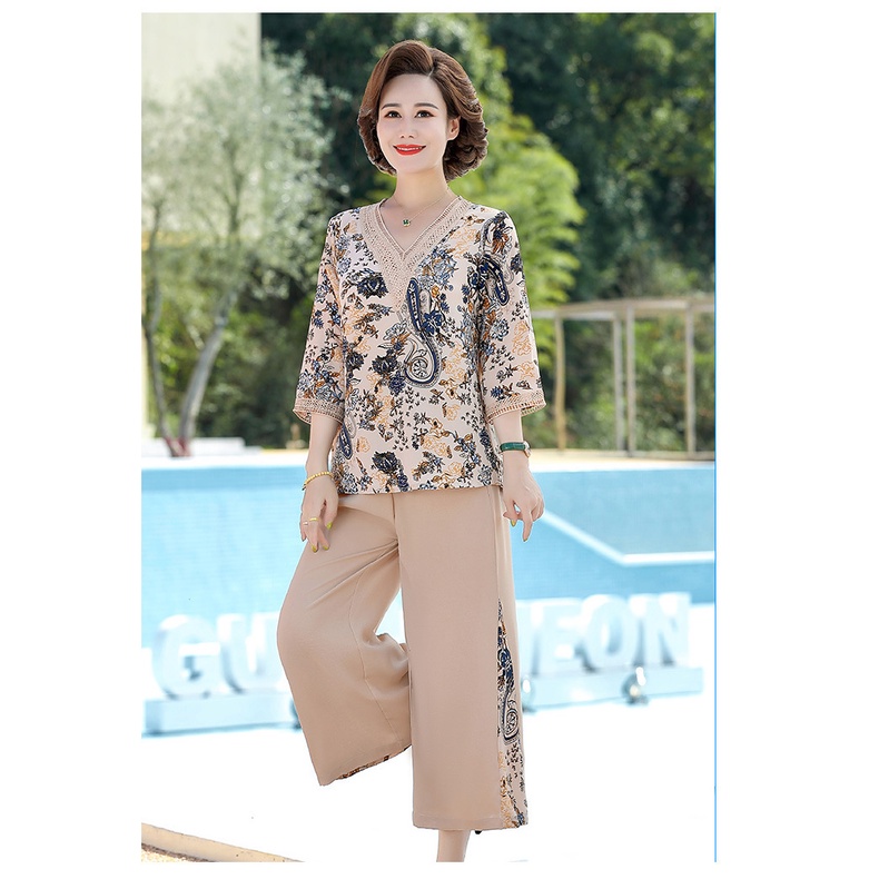 Đồ bộ trung niên nữ cho mẹ, Hàng Quảng Châu cao cấp, Bộ voan xanh dương Cổ chữ V V'vie Ladies #B22