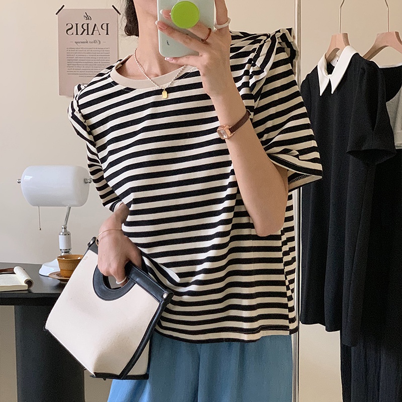 Áo Thun Tay Ngắn Cổ Tròn Dáng Rộng Kẻ Sọc Phong Cách Hàn Quốc Thời Trang Mùa Hè 52608