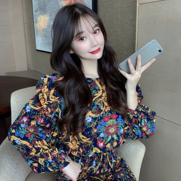 Đầm Hoa Tay Phồng Ôm Eo Thời Trang Retro Cho Nữ