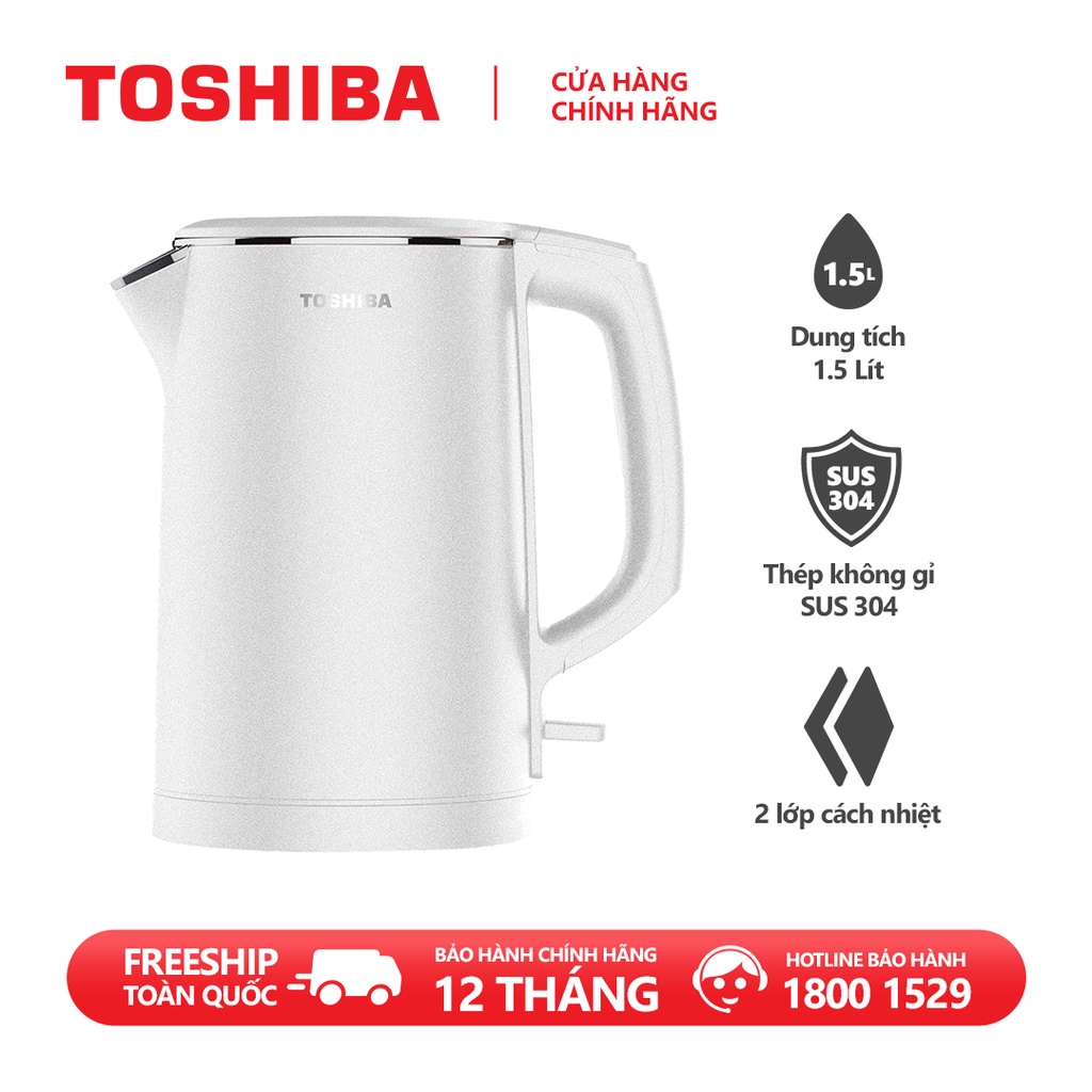 Bình đun siêu tốc Toshiba KT-15DS1PV - 1.5L - Inox 304 - Hàng chính hãng, bảo hành 12 tháng, chất lượng Nhật Bản