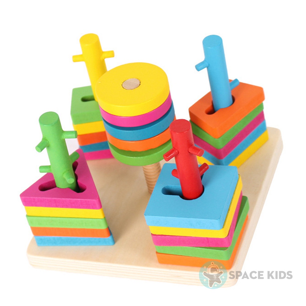 Đồ chơi gỗ thông minh Tháp thả hình khối 5 cột zigzag cho bé, Đồ chơi giáo dục montessori Space Kids