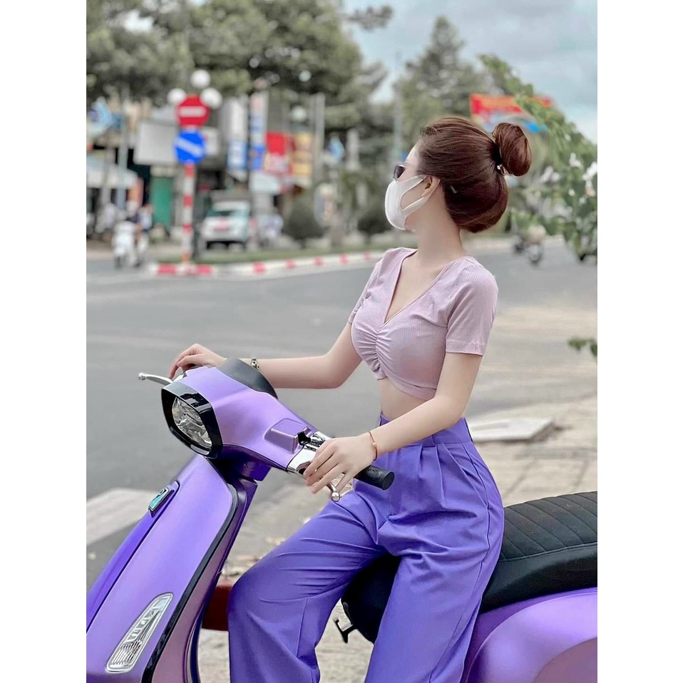 Sét bộ đồ nữ áo thun croptop kèm quần ống rộng màu tím xìteen