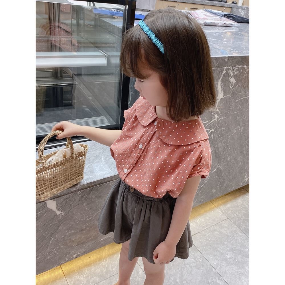 Set Áo Cổ Búp Bê Họa Tiết Chấm Bi Và Chân Váy Ngắn Vải Cotton Dễ Thương Thời Trang Mùa Hè Cho Bé Gái 0512