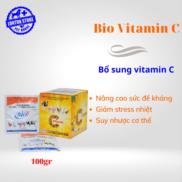 BIO Bio Vitamin C10%, Tăng sức đề kháng, giảm stress nhiệt, phòng suy nhược cơ thể cho gia sức gia cầm, gói 100gr