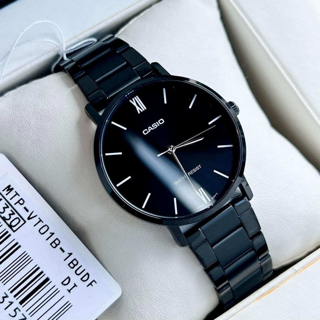 Đồng hồ Nam Casio MTP-VT01B-1B, đồng hồ chính hãng, dây thép đen mặt đen