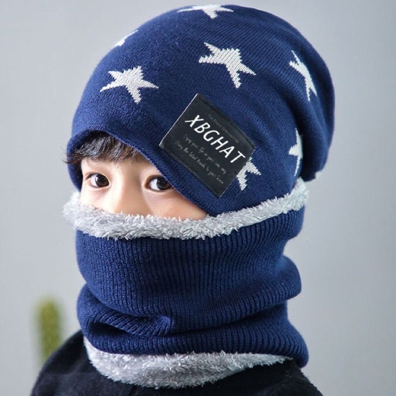 Mũ Len Kèm Khăn Lót Lông Hoạ Tiết Ngôi Sao Siêu Ấm Cho Bé