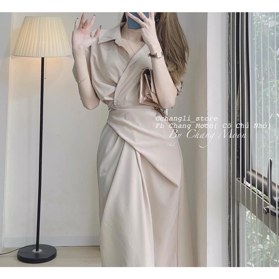 Đầm vạt chéo buộc đai eo 2 màu dài tay