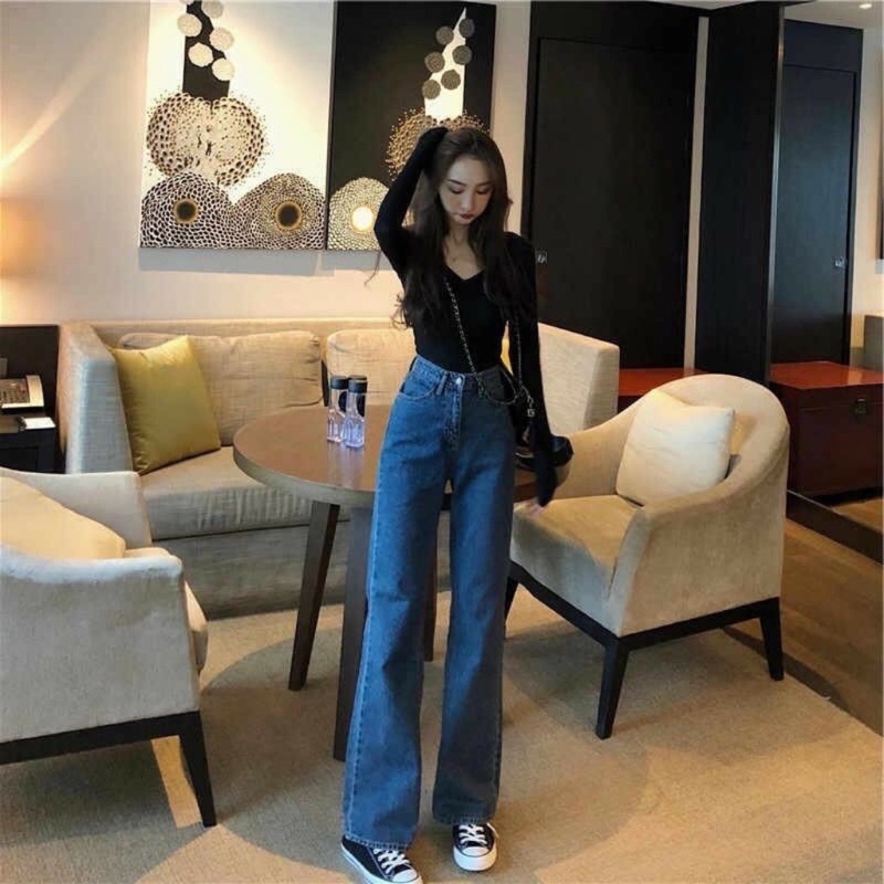 Quần jeans ống suông trơn basic lưng siêu cao