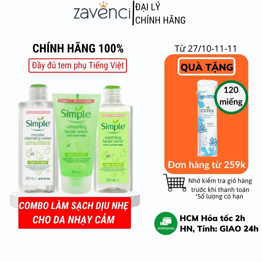 Combo Simple nước tẩy trang-sữa rửa mặt-nước hoa hồng cho da nhạy cảm - ZAVENCI Official