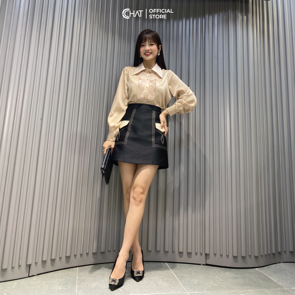 Áo Sơ Mi Nữ 𝐂𝐂𝐇𝐀𝐓 Phối Dập Ly Tròn Ngực Chất Lụa Cao Cấp Dáng Suông Phong Cách Trẻ Trung 12FDL8040ST