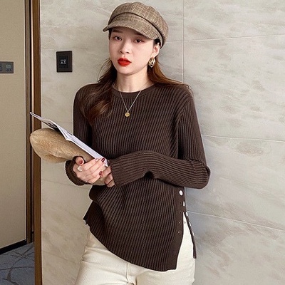 【ZHELIHANGFEI】Áo Sweater Dệt Kim Thiết Kế Xẻ Tà Phong Cách Phương Tây