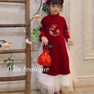 Áo dài cách tân nhung thêu hoa cao cấp cho bé 10-24kg