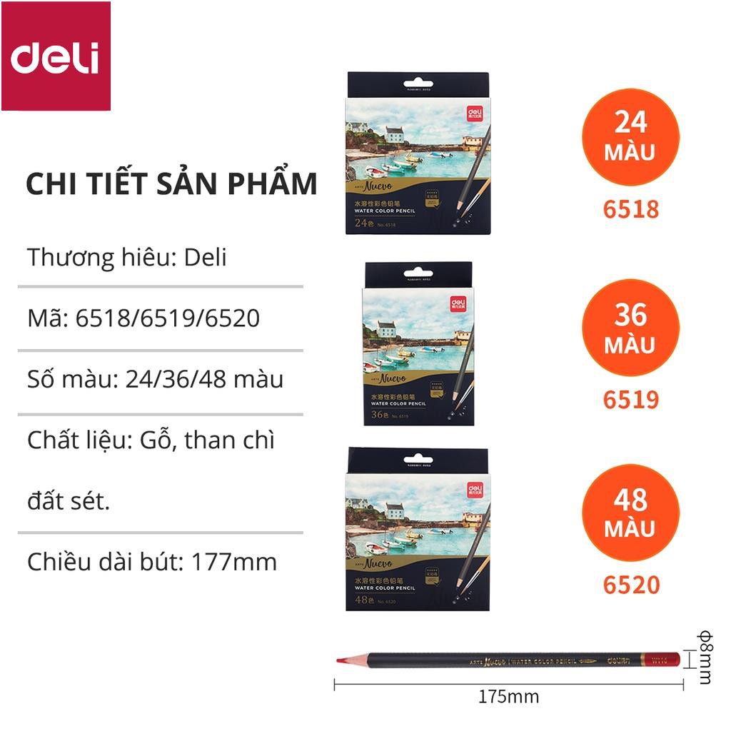 Bút chì màu nước cao cấp Deli 24 - 36 - 48 màu/ hộp kèm bút lông - 6518/6519/6520 [Deli]