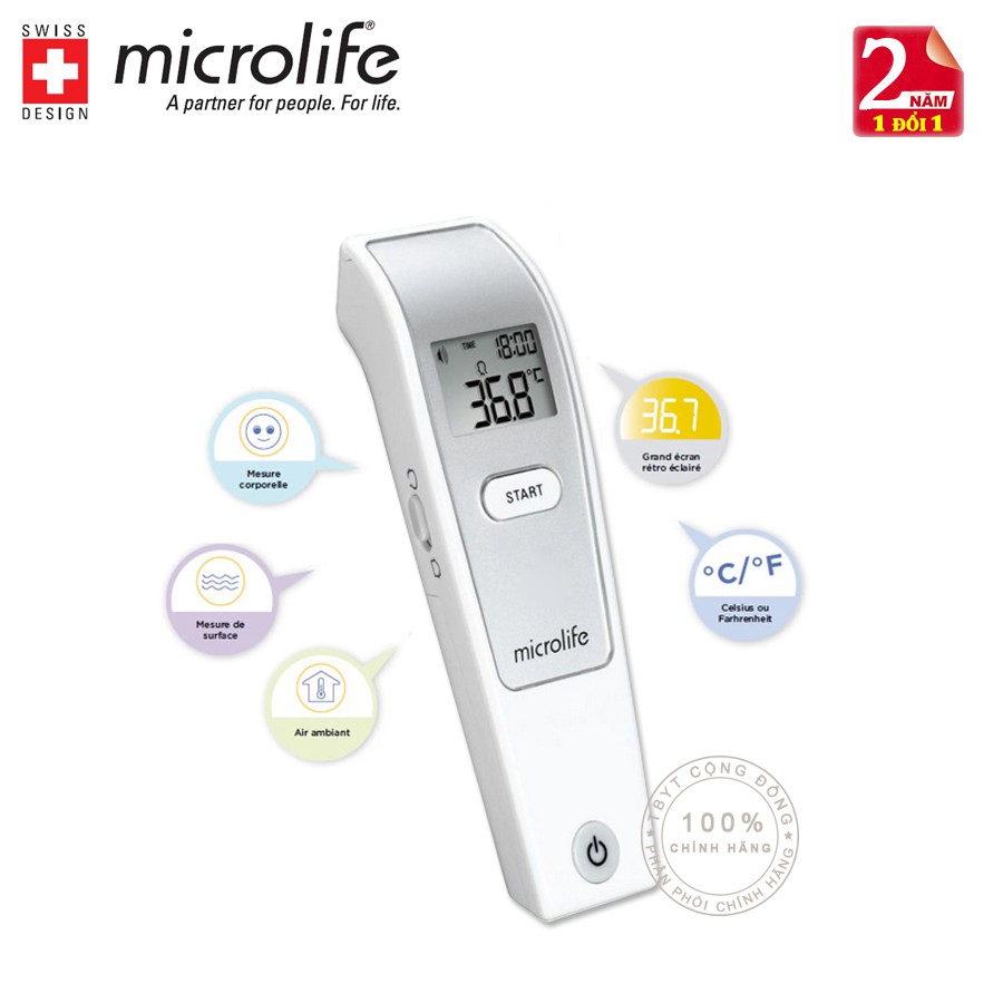 Nhiệt kế điện tử đo trán Microlife FR1MF1 + Tặng máy đo đường huyết Gluneo Lite Hàn Quốc