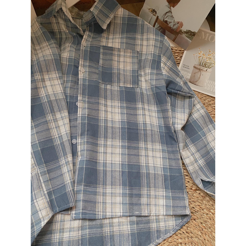 Áo sơ mi caro nữ form dáng rộng dài tay kẻ có túi ngực màu xanh sọc trắng ulzzang unisex