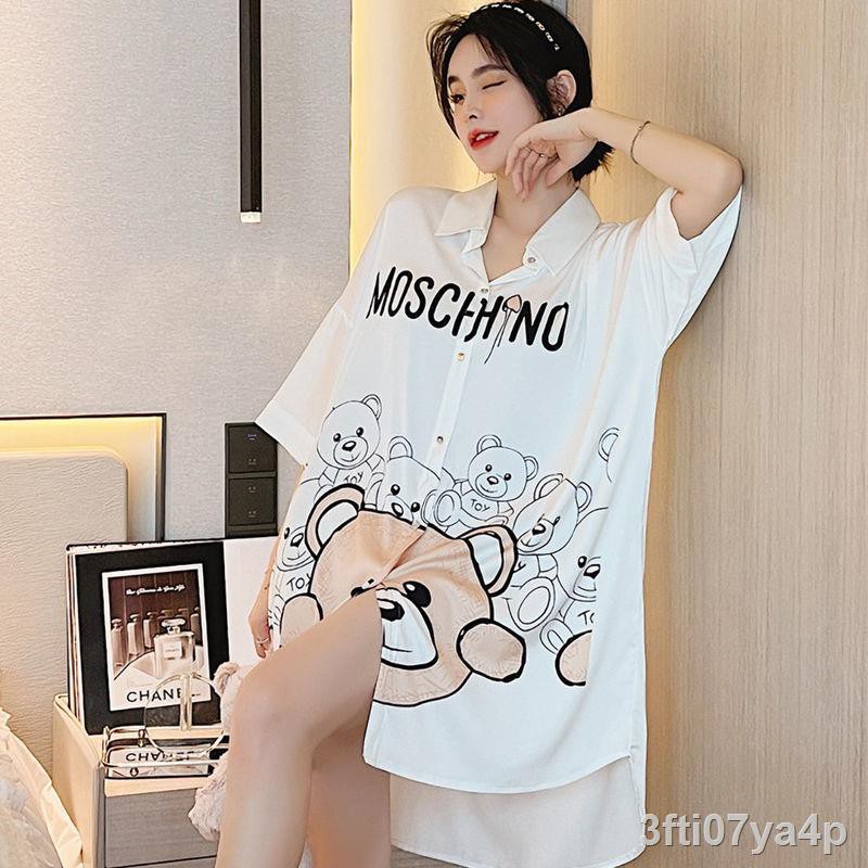 váy ngủ nữ lụa băng sexy pyjama mỏng dài tay áo sơ mi phong cách bạn trai riêng trang phục nội thất ở nhàN