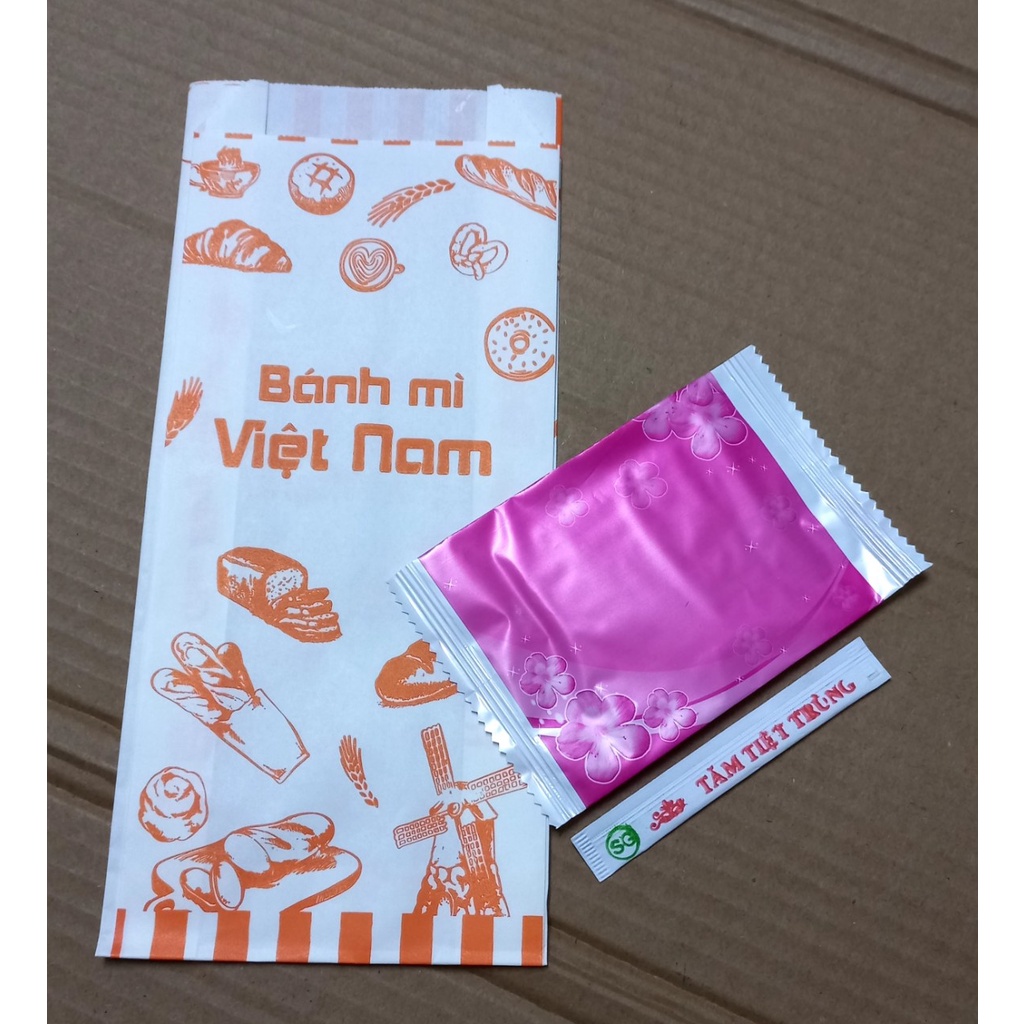 Combo 500 cái Túi giấy + tăm + khăn lạnh màu hồng.