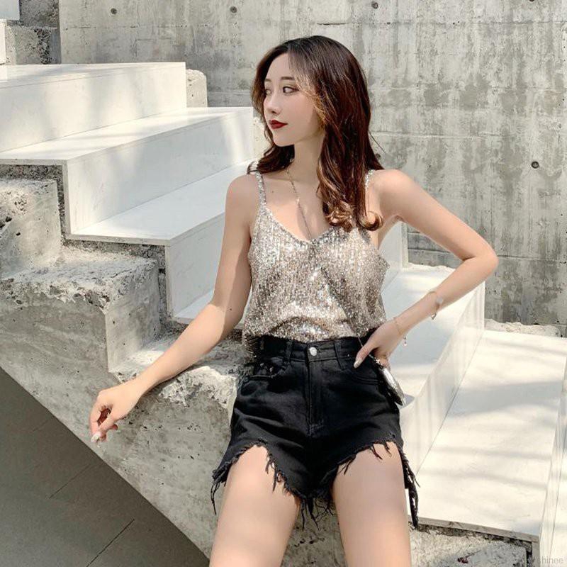 Áo thun không tay đính sequin lấp lánh thời trang dành cho nữ